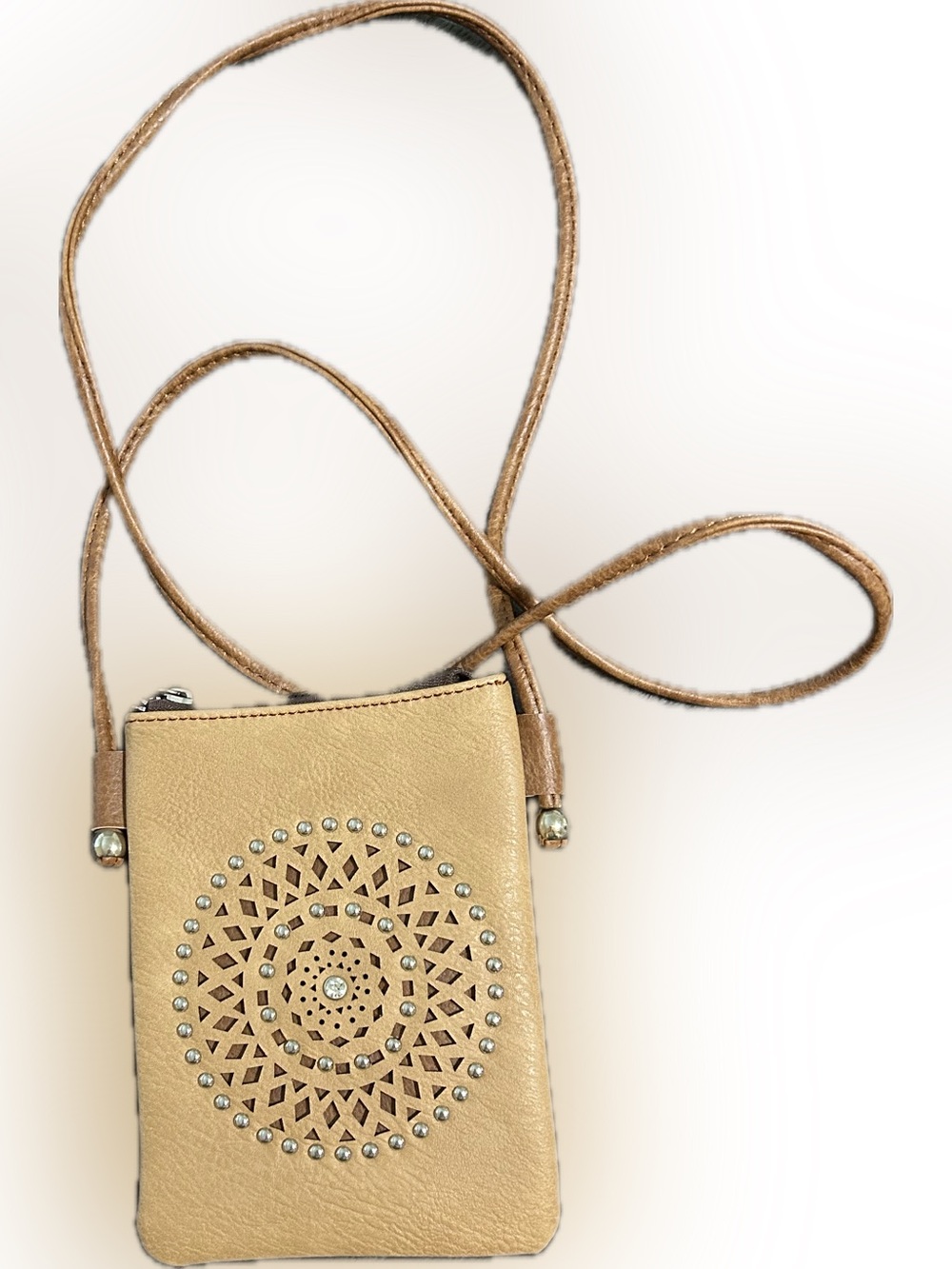 Tan Crossbody Phone Bag with Mandala Cutout and Stud Detail